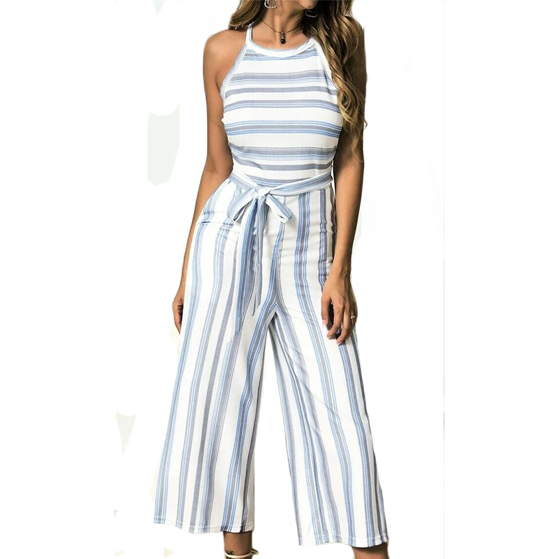 Striped romper Women jumpsuits Fashion Sleeveless high neck bandage belted playsuit trousers Casual wide leg Summer outfits 2019
Striped romper Women jumpsuits Fashion Sleeveless high neck bandage belted playsuit trousers Casual wide leg Summer outfits 2019