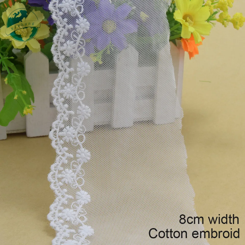 10yards 8cm Width White Lace Cotton Embroidery French Lace Ribbon Fabric Guipure Diy Trims Warp Knitting Sewing Accessories#3057
10yards 8cm Width White Lace Cotton Embroidery French Lace Ribbon Fabric Guipure Diy Trims Warp Knitting Sewing Accessories#3057