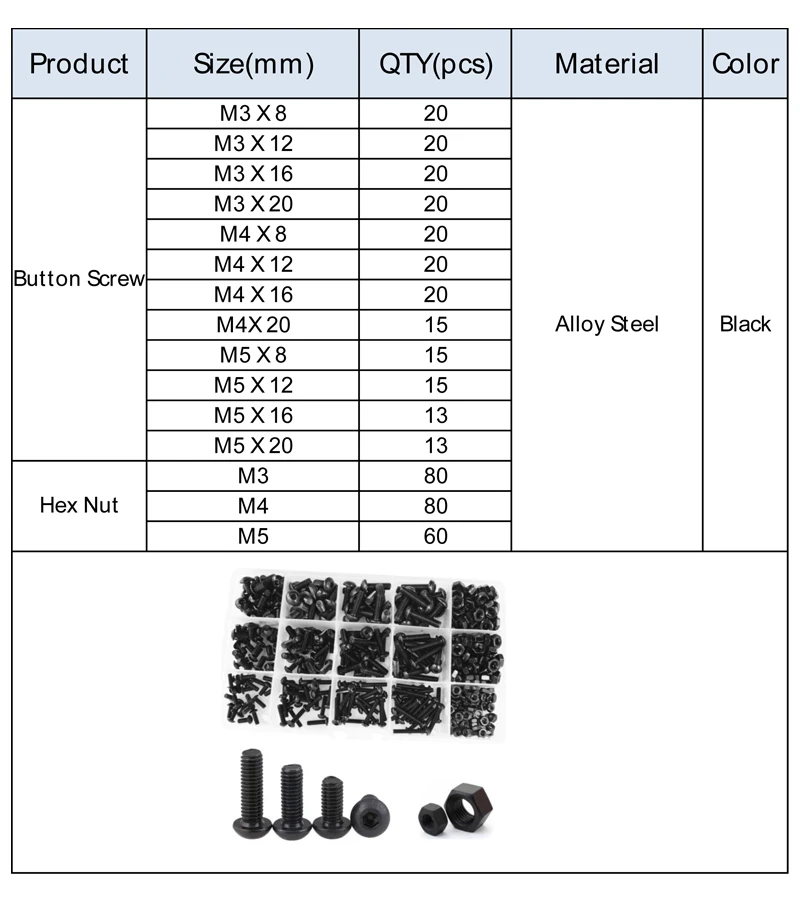 Hex Socket Button Head Cap Screw Metric Thread Pan Round Head Hexagonal Bolt Set Assortment Kit Box Black Alloy Steel M3 M4 M5
Hex Socket Button Head Cap Screw Metric Thread Pan Round Head Hexagonal Bolt Set Assortment Kit Box Black Alloy Steel M3 M4 M5