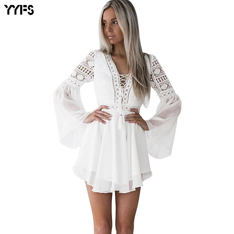 

Женское ажурное платье YYFS, кружевное шифоновое мини-платье с перекрестной шнуровкой, полупрозрачным глубоким v-образным вырезом и длинным р...
