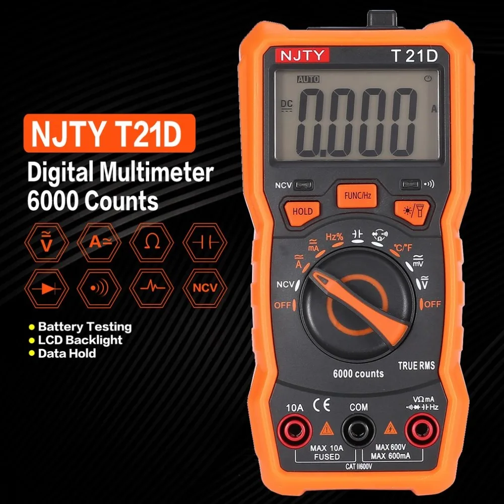 Digital Multimeter NJTY T21D DC/AC Voltage Current Meter Handheld Ammeter Ohm Diode NCV Tester 6000 Counts Multitester
Digital Multimeter NJTY T21D DC/AC Voltage Current Meter Handheld Ammeter Ohm Diode NCV Tester 6000 Counts Multitester