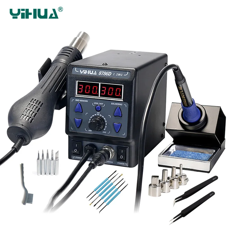 YIHUA 8786D New Upgrade Rework Soldering Station LED Display 2 in 1 SMD Soldering Iron Hot Air Gun 700W BGA Welding Tool Station
YIHUA 8786D New Upgrade Rework Soldering Station LED Display 2 in 1 SMD Soldering Iron Hot Air Gun 700W BGA Welding Tool Station