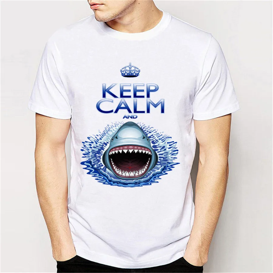 Новое Лето Мужские Тройники Сохранять Спокойствие И... Shark Jaws Нападение! Harajuku