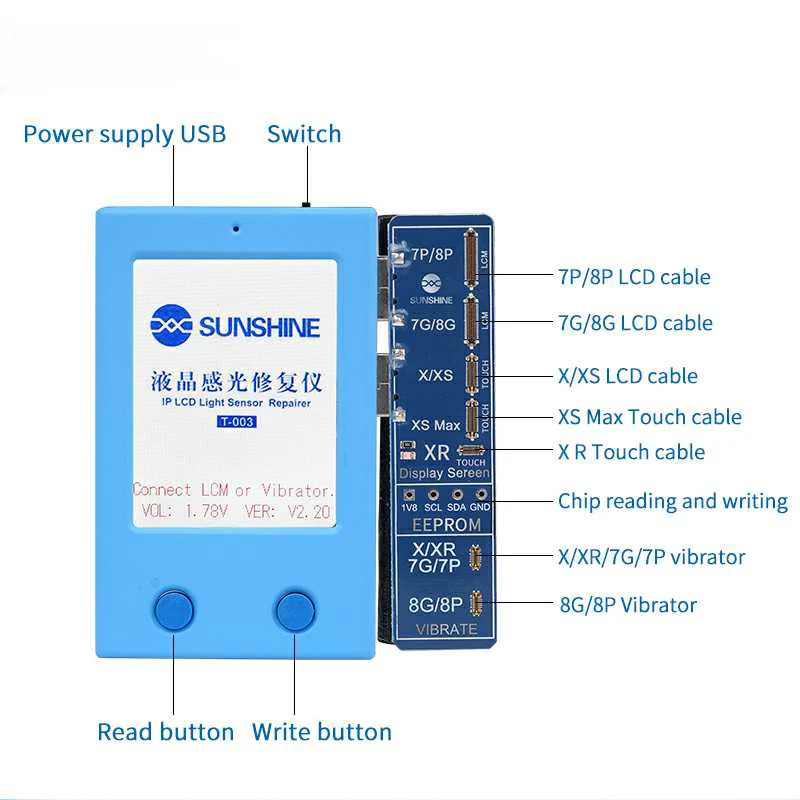T-003 LCD Screen Photosensitive Restoration Instrument EEPROM Programmer for iPhone XR/XS/XS MAX/7G/7P/8G/8PLUS Photoreceptor
T-003 LCD Screen Photosensitive Restoration Instrument EEPROM Programmer for iPhone XR/XS/XS MAX/7G/7P/8G/8PLUS Photoreceptor