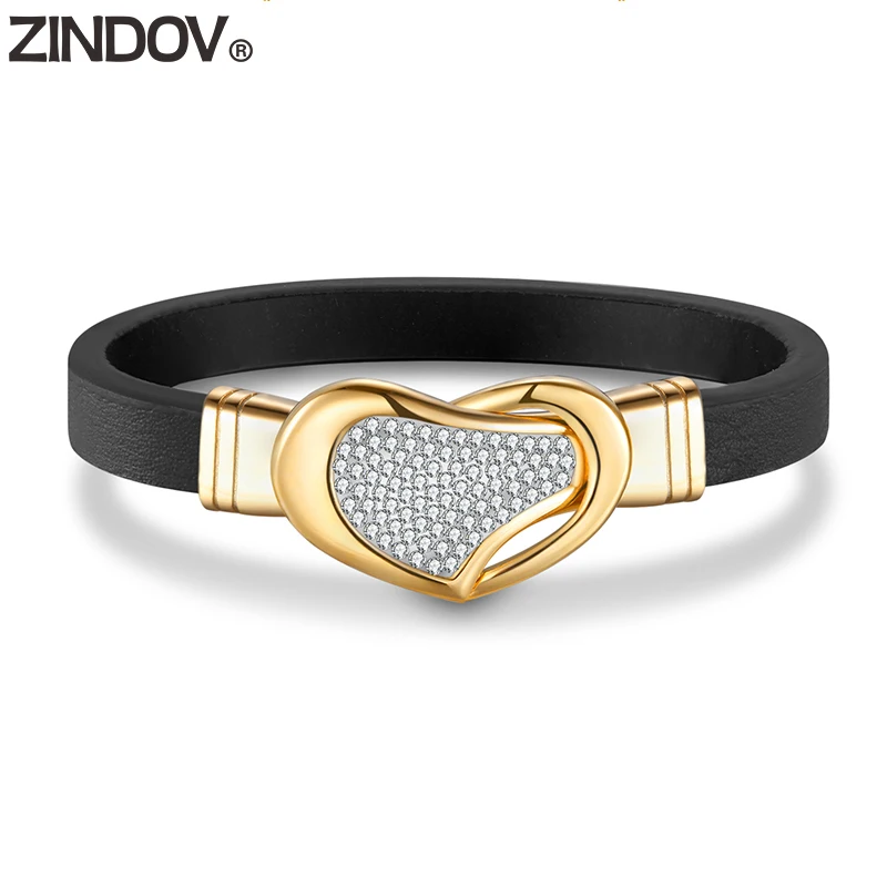 ZINDOV Stainless Steel Leather Bracelets For Women Gold Heart Top Crystals Trendy Luxury Jewelry Genuine Leather Bracelet Female
ZINDOV Stainless Steel Leather Bracelets For Women Gold Heart Top Crystals Trendy Luxury Jewelry Genuine Leather Bracelet Female