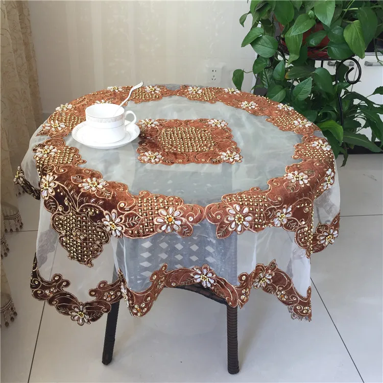 

brown 85*85cm Elegant Embroidery Table Runner Pastoral Fabric Tea tablecloth, Luxury Table mat table Cover for decoration