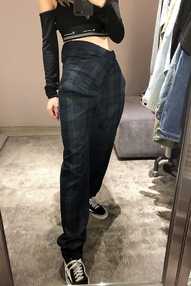 2019 Korean Fashion Irregular Waist Women Bottoms New Summer Spring Green Plaid Vintage Tide Female Pants Z472 | Женская одежда