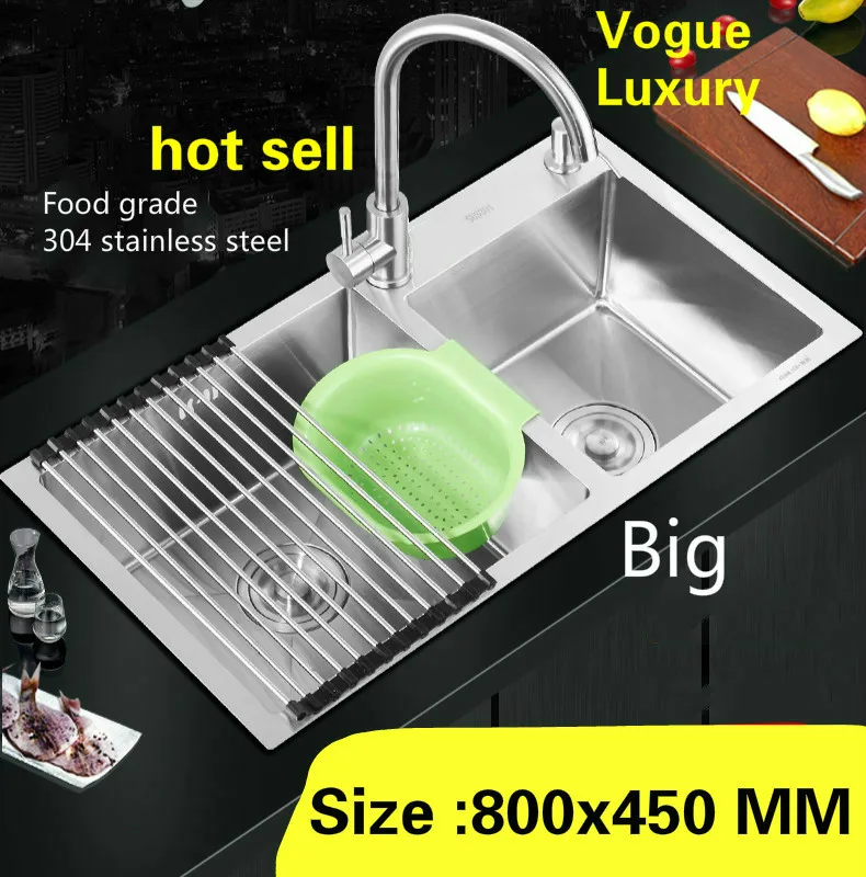 

Free shipping High capacity vogue wash vegetables wogue kitchen manual sink double groove 304 stainless steel 800x450 MM