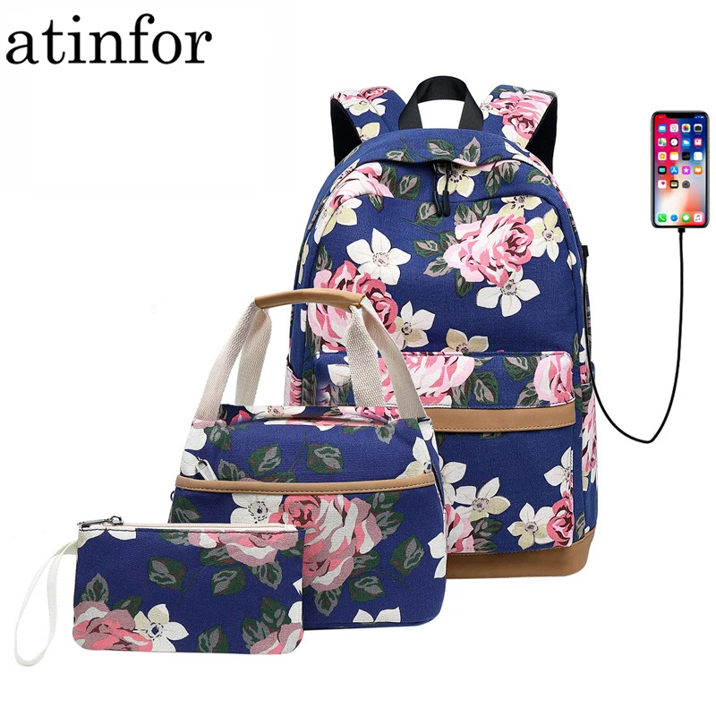 Женский рюкзак с цветочным принтом atinfor 3 шт./компл. школьные рюкзаки USB-портом для
