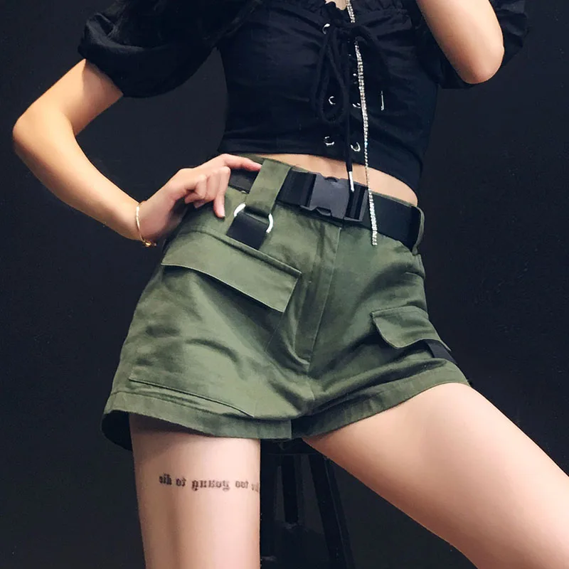 Фото Хаки Высокая Талия пояса хлопковые шорты Для женщин Solid Pocket прямые Femme летние
