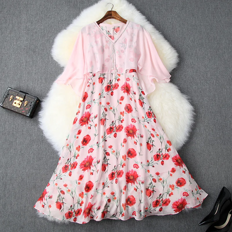 New Fashion Lady Summer V Neck Chain Tassel Chiffon Stitching Cloak Ruffles 3/4 Sleeves Pink Printted Floral Women Dress
New Fashion Lady Summer V Neck Chain Tassel Chiffon Stitching Cloak Ruffles 3/4 Sleeves Pink Printted Floral Women Dress