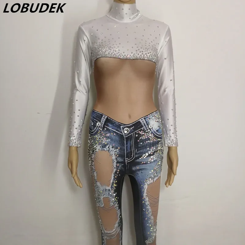 False hole Denim jumpsuit Sexy Sparkly Crystals Leotard Jumpsuit Bar Nightclub DJ singer stage Costume Dance teams jazz show
False hole Denim jumpsuit Sexy Sparkly Crystals Leotard Jumpsuit Bar Nightclub DJ singer stage Costume Dance teams jazz show