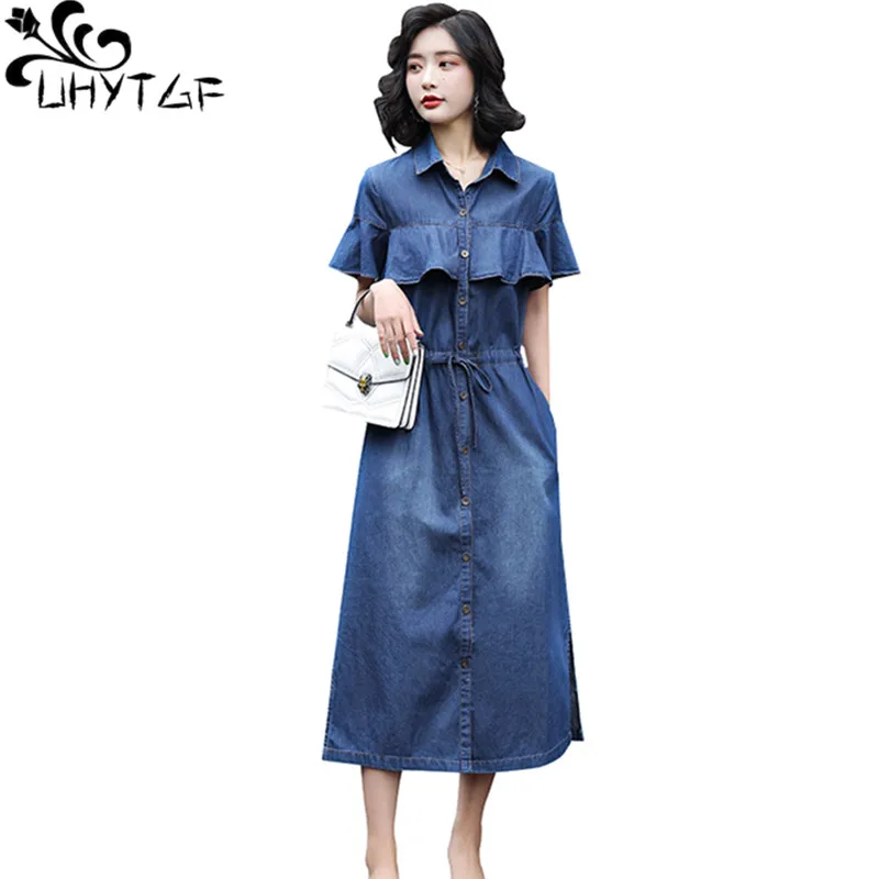 UHYTGF Summer denim dress Single-breasted slim women dresses Ruffled bandage jeans dress elegant lady maxi dresses Plus size 108
UHYTGF Summer denim dress Single-breasted slim women dresses Ruffled bandage jeans dress elegant lady maxi dresses Plus size 108