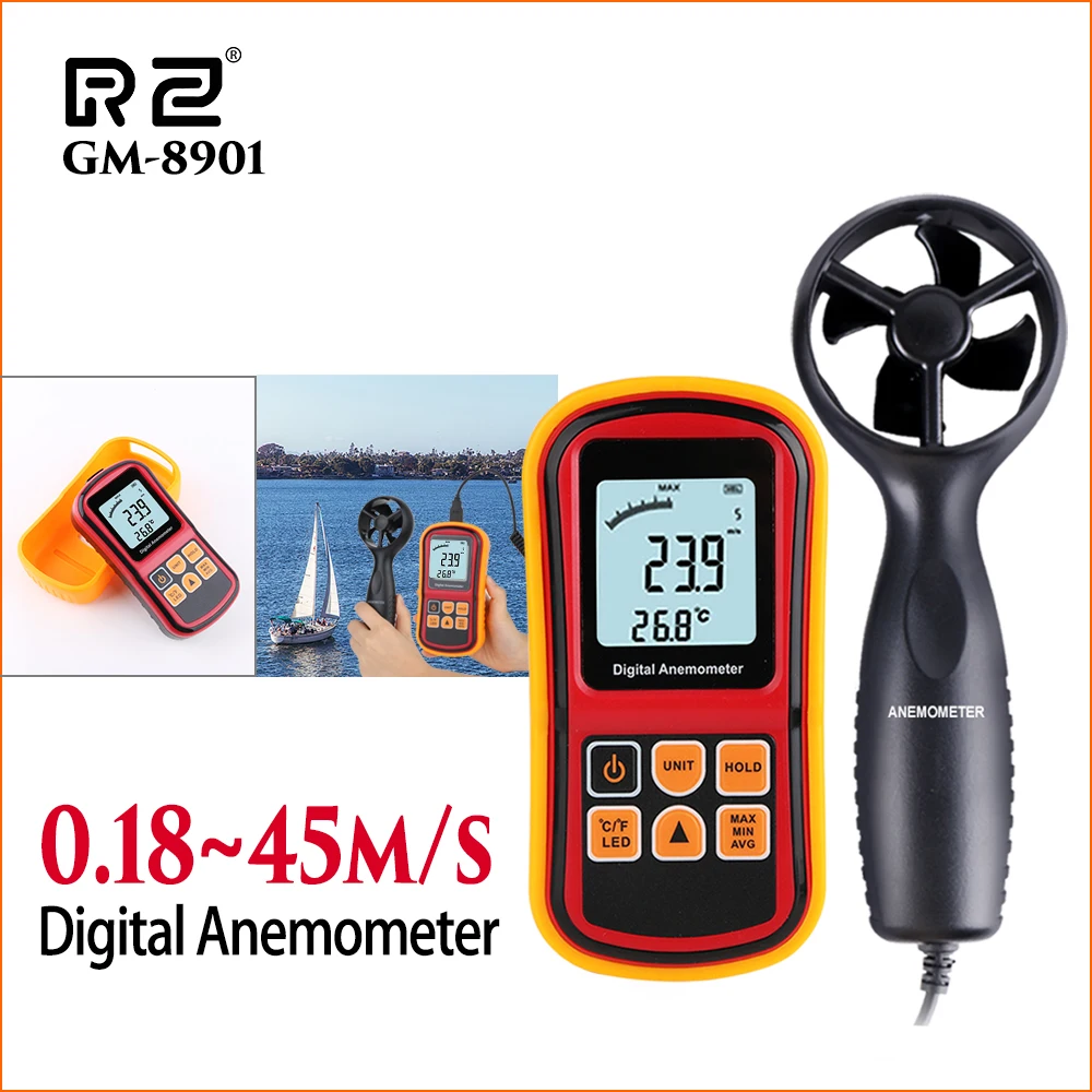 RZ Anemometer Wind Speed Sensor Anemometro LCD Digital Handheld Anemometer Wind Meter Air Velocity Temperature Meter GM8901
RZ Anemometer Wind Speed Sensor Anemometro LCD Digital Handheld Anemometer Wind Meter Air Velocity Temperature Meter GM8901