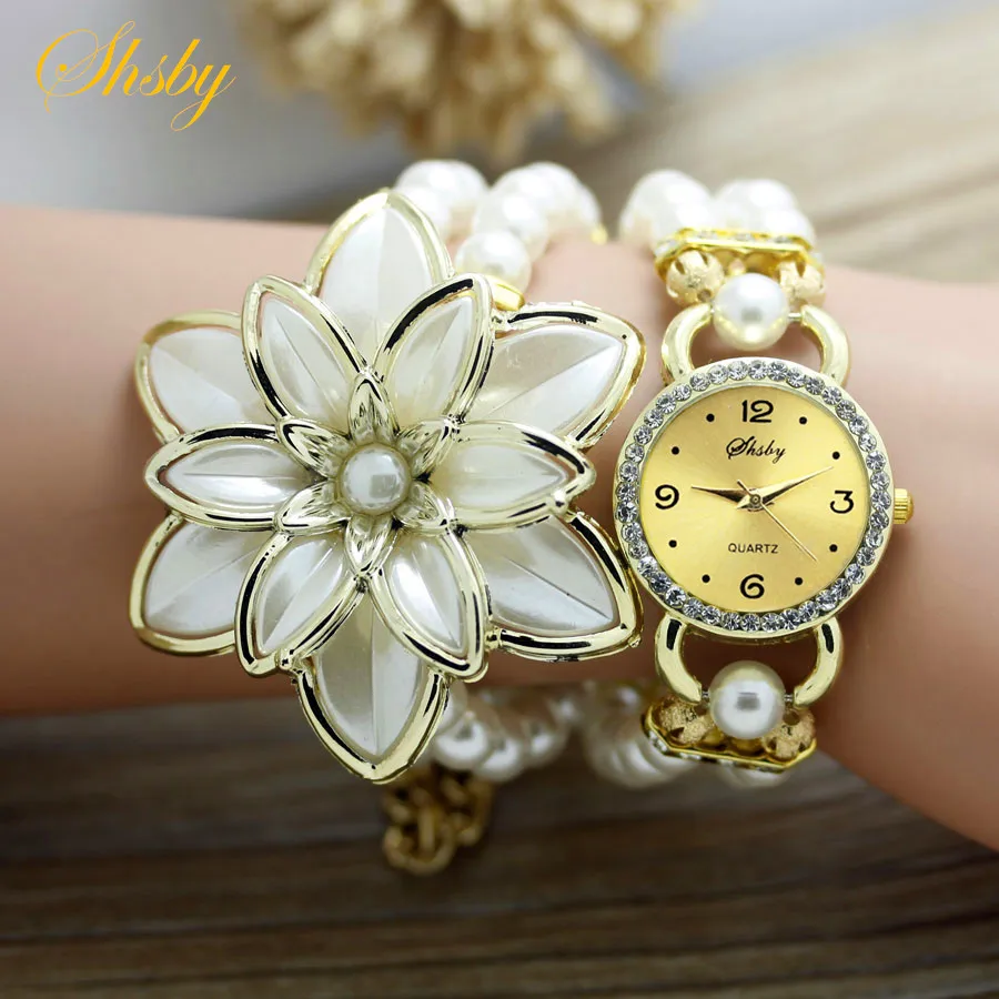 Женские наручные часы shsby модные стразы с жемчужным ремешком и цветком из