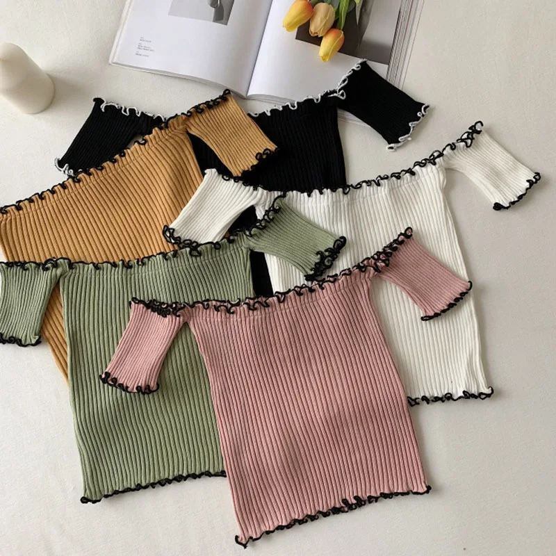 Soild Color Cropped Top Ribbed Short Sleeve Tshirt Sexy Women Off Shoulder T Shirt Slim Bodycon Knitting Tops Chemise Femmer | Женская