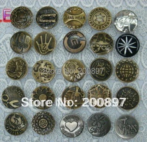 2018 jeans buttons 20mm bronze gold silver color metal diy shank for jeans fasteners 25 styles 100pcs/lot
2018 jeans buttons 20mm bronze gold silver color metal diy shank for jeans fasteners 25 styles 100pcs/lot