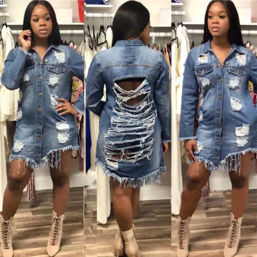 Long Sleeve Coat Boyfriend Denim Jacket Women Blue Denim Oversized Ripped Detail Hole
Long Sleeve Coat Boyfriend Denim Jacket Women Blue Denim Oversized Ripped Detail Hole