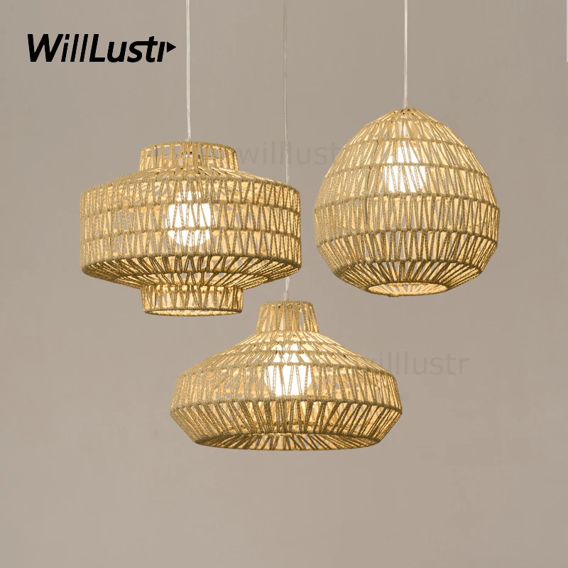 

natural hemp rope pendant light handmade home bedroom hotel dinning room restaurant hand knitted wicker suspension hanging lamp