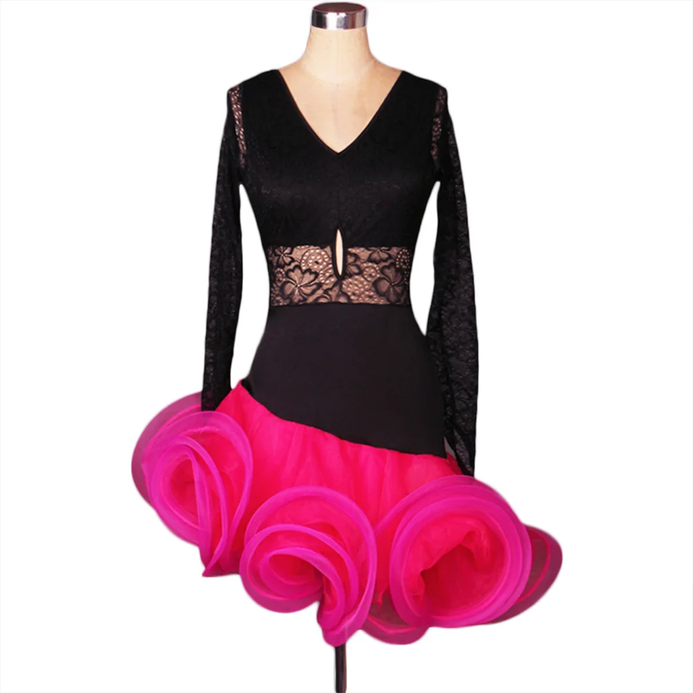Платье для латинских танцев взрослых/детей черный/розовый ча-ча/Румба
