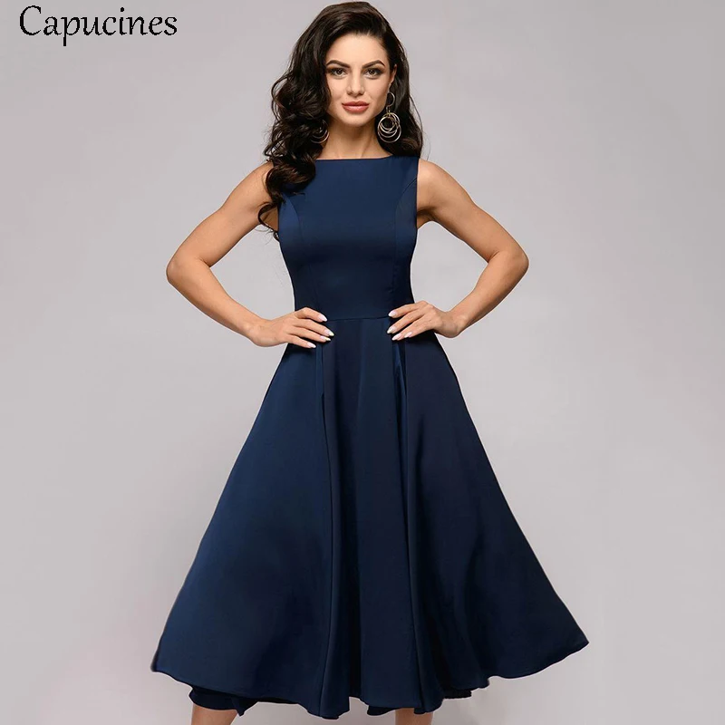 Capucines 2019 Сплошной элегантный винтажное платье Летнее женское безрукавный