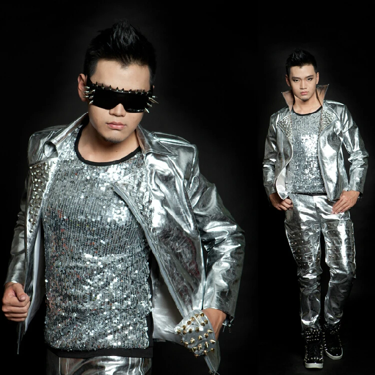 2016 European American men's brand silver rivet motorcycle leather jacket nightclub singer Korean costumes dress
2016 European American men's brand silver rivet motorcycle leather jacket nightclub singer Korean costumes dress