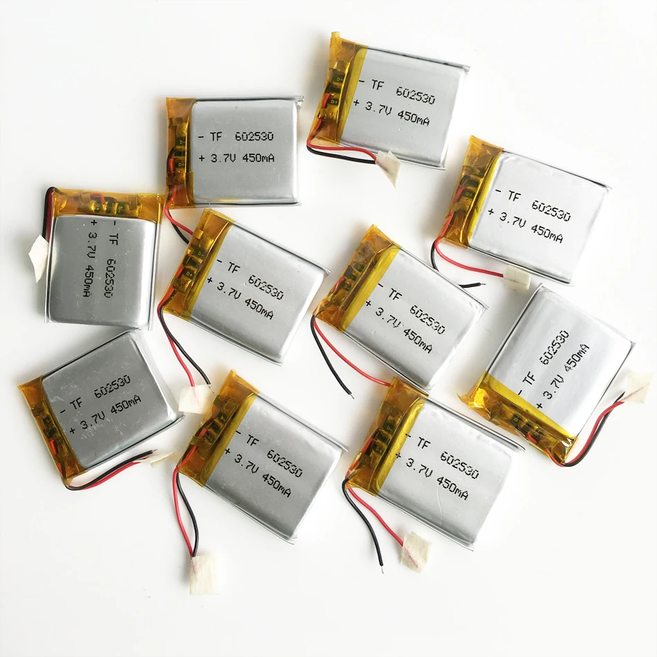wholesale 10 pcs 3.7V 450mAh lipo polymer lithium rechargeable li ion battery 602530 for MP3 MP4 GPS recorder e-book camera
wholesale 10 pcs 3.7V 450mAh lipo polymer lithium rechargeable li ion battery 602530 for MP3 MP4 GPS recorder e-book camera