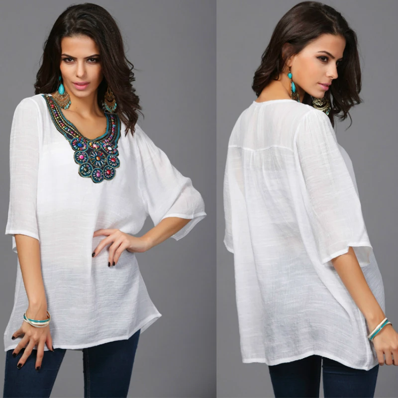 2018 Summer Soft Women Tops Retro Sexy Shirt Thin Embroidery Floral Large Shirts Casual Loose Half Sleeve Oversized Blusas 3XL
2018 Summer Soft Women Tops Retro Sexy Shirt Thin Embroidery Floral Large Shirts Casual Loose Half Sleeve Oversized Blusas 3XL
