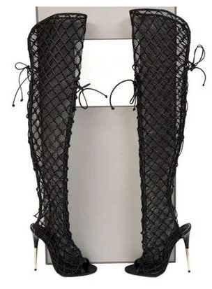 European sexy black lace up long boots over the knee hollow out mesh sandal open toe summer boots metal stiletto heel
European sexy black lace up long boots over the knee hollow out mesh sandal open toe summer boots metal stiletto heel