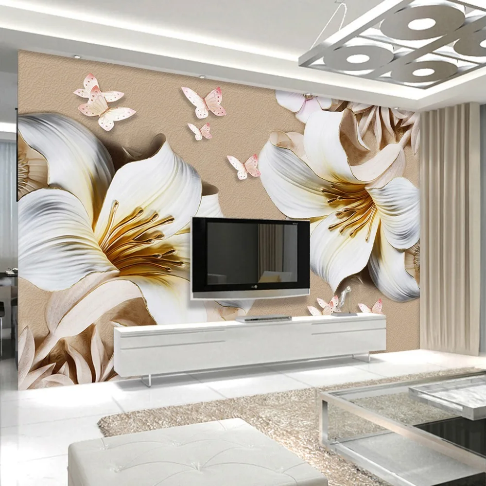 Фото 3D стереоскопический Рельеф на заказ цветы лилии бабочки гостиная ТВ фон