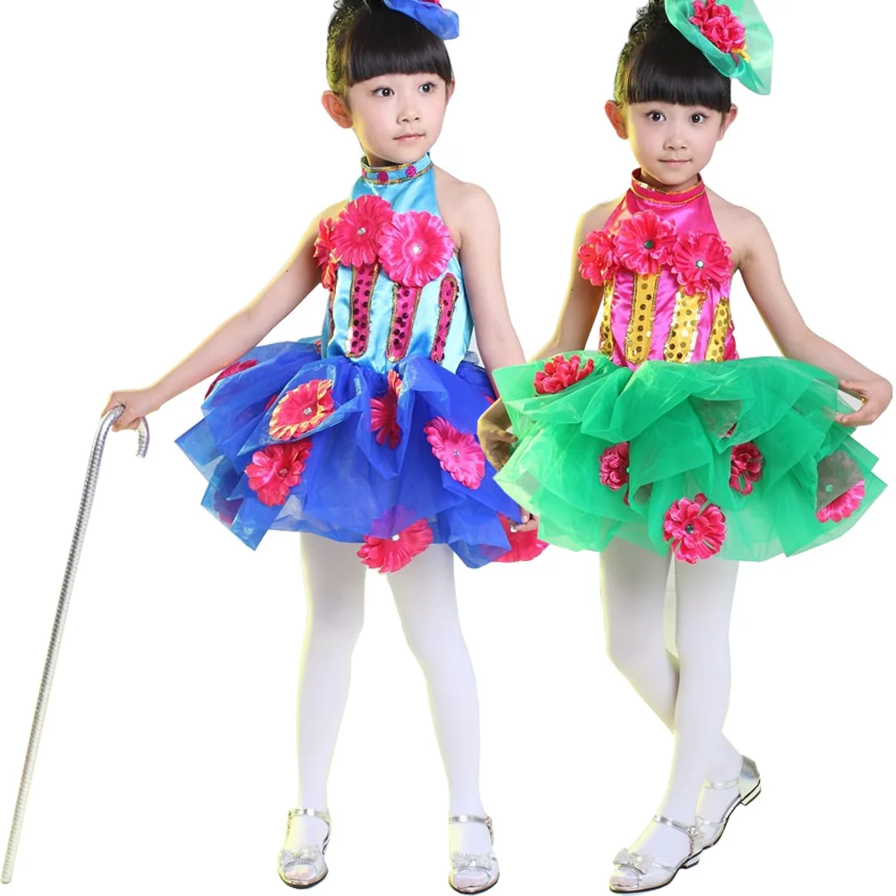 Green Sequined Girls Jazz Ballet Dance dress Blue Kids Ballroom Dancewear Party Costume TUTU | Тематическая одежда и