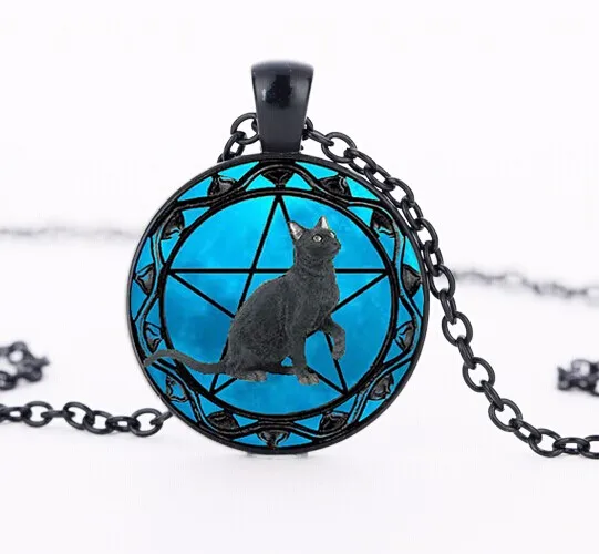 Женские кулоны с черной кошкой ожерелье ошейник голубым стеклом и звездами
