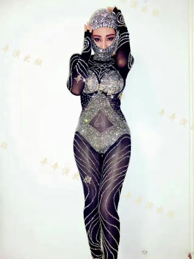 Sexy Rompers Glisten Black Rhinestones Jumpsuit Flashing Outfit Shining Sexy Headdress Party Costume Body Suits Dance Wear
Sexy Rompers Glisten Black Rhinestones Jumpsuit Flashing Outfit Shining Sexy Headdress Party Costume Body Suits Dance Wear