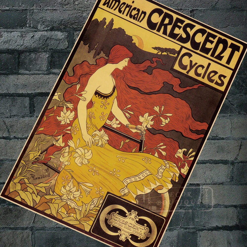 Ретро реклама Американский Crescert Cycles Nouveau Art Ads классические настенные наклейки