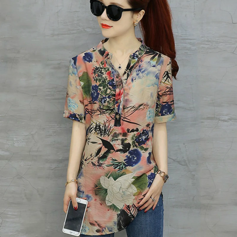 Womens Plus Size Tops Fashion Vintage Floral Print Blouses Short Sleeve Shirt Casual Cotton Linen Blusas Long Chemise Femme
Womens Plus Size Tops Fashion Vintage Floral Print Blouses Short Sleeve Shirt Casual Cotton Linen Blusas Long Chemise Femme