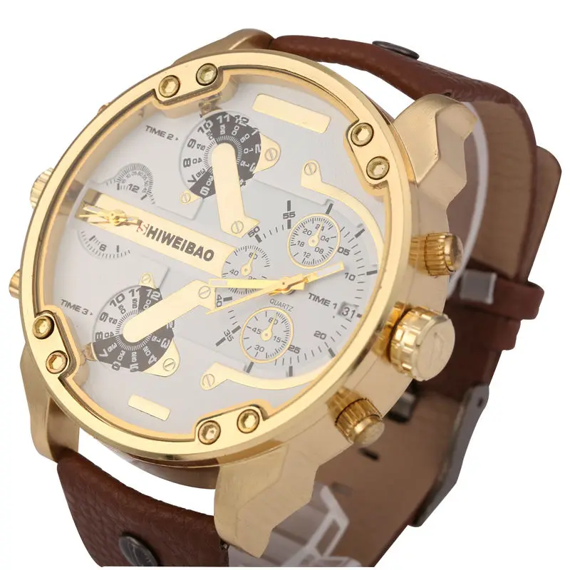 Brand Shiweibao Quartz Watches Men Fashion Watch Leather Strap Golden Case Relogio Masculino Dual Time Zones Military Wristwatch | Наручные