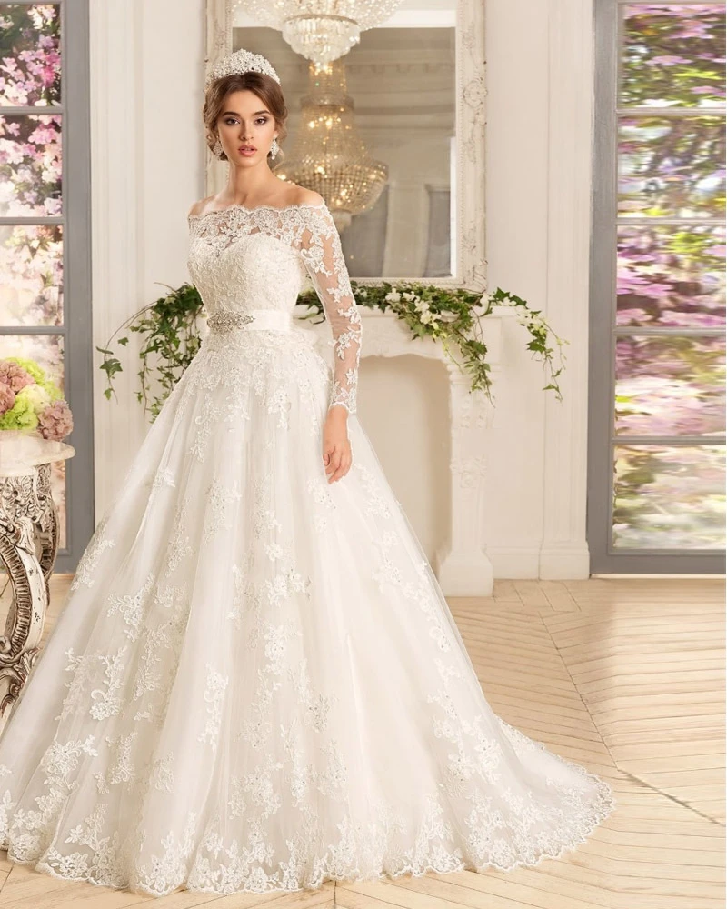 New Style Off Shoulder A-line Lace Long Sleeves Wedding Dresses Beaded Applique Bridal Gown With Sash vestido de noiva
New Style Off Shoulder A-line Lace Long Sleeves Wedding Dresses Beaded Applique Bridal Gown With Sash vestido de noiva