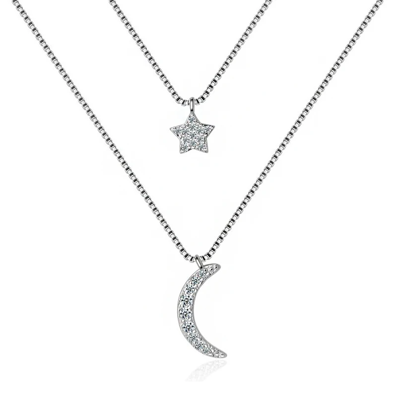 Подвеска из циркония Star & Moon двухслойная цепь ожерелье серебряного цвета модные