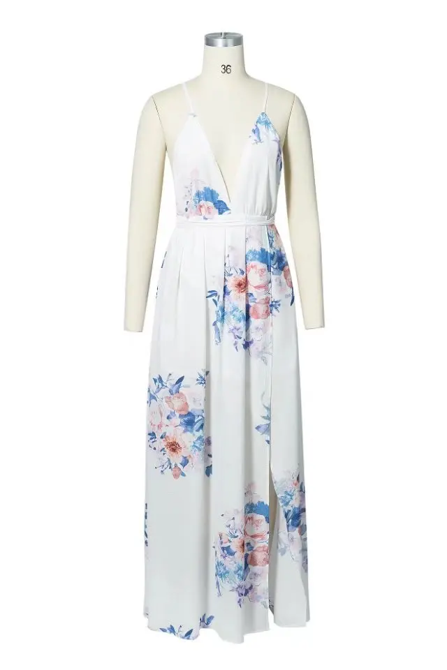 Женский Boho Chic макси Vestidos платье 2018 Разделение глубоким v-образным вырезом белое