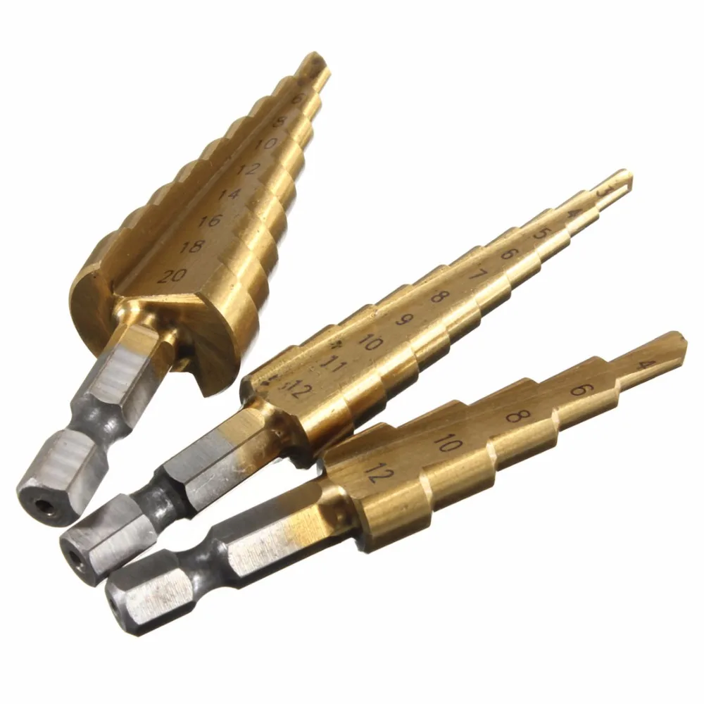 3pcs/lot High Quality 1 / 4 Inch Hex Shank HSS Titanium Coated Step Drill Bit Set 3-12 / 4-12 / 4-20mm
3pcs/lot High Quality 1 / 4 Inch Hex Shank HSS Titanium Coated Step Drill Bit Set 3-12 / 4-12 / 4-20mm