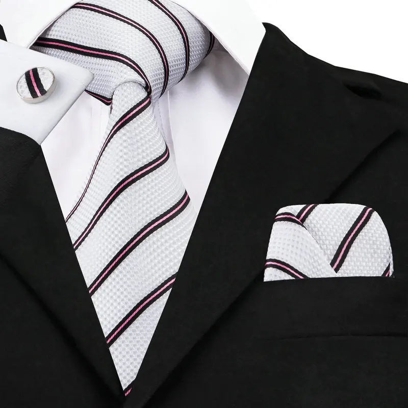 

Модный мужской галстук, шелковый жаккард, белый, черный, розовый, в полоску, галстук, Hanky, запонки, набор, деловые галстуки для свадебной вечер...