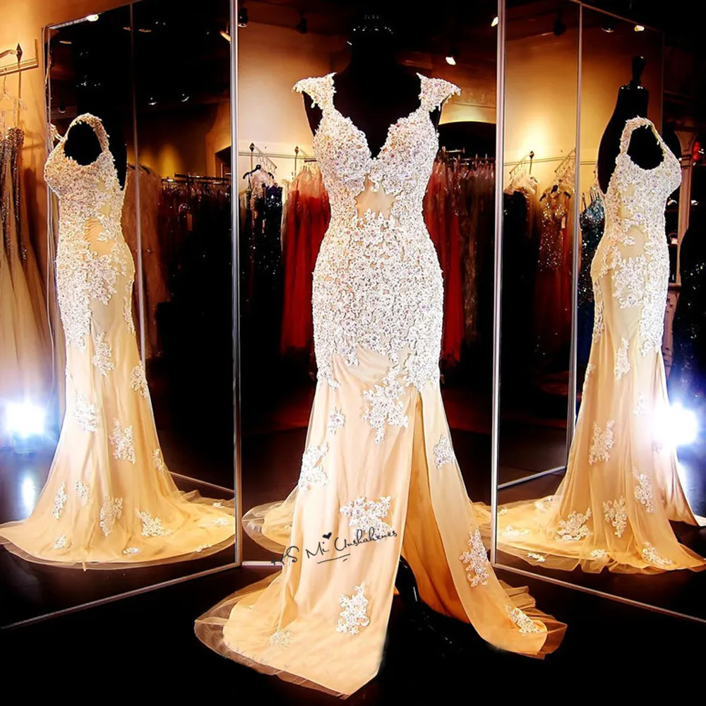 Sexy Champagne Lace Evening Dress Vestidos de Noche White Applique Mermaid Prom Dresses Cap Sleeve Split Side Robe de Soiree
Sexy Champagne Lace Evening Dress Vestidos de Noche White Applique Mermaid Prom Dresses Cap Sleeve Split Side Robe de Soiree