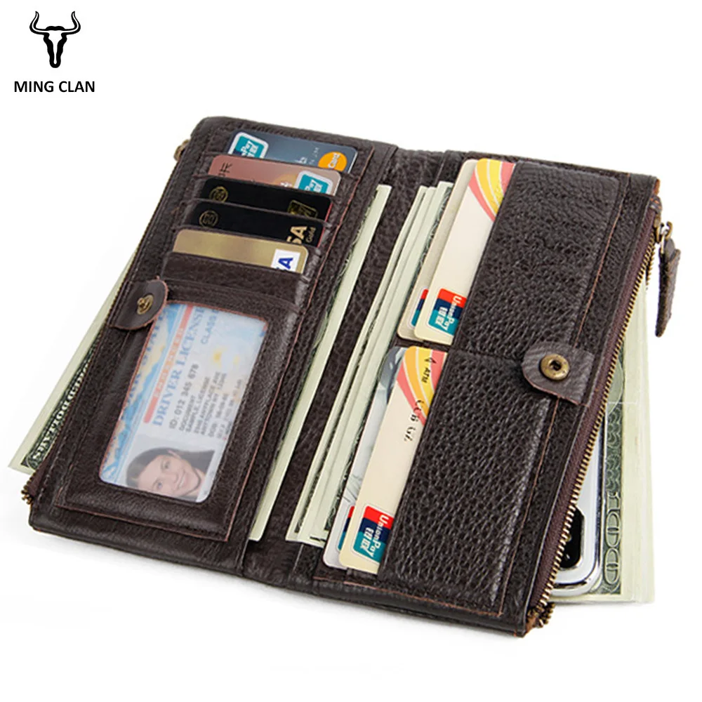 

Mingclan Women's Purse Long Genuine Leather Wallet Men Long Clutch Pocket Lady Card Holder Wallets Rfid Zipper Coin Purse