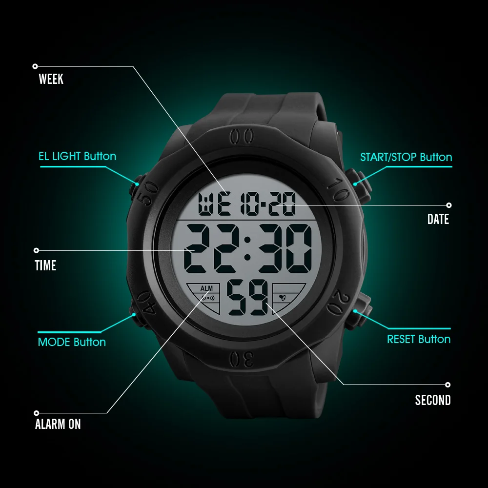 

SKMEI Chronograph Sports Watches Men Silicone Countdown LED Digital Watch Military Waterproof Wristwatches Alarm Clock Male 1305