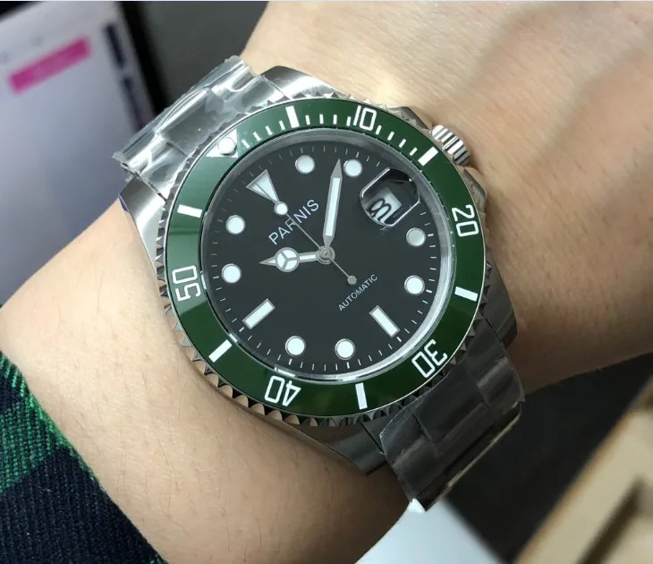 

40mm Parnis Sapphire Crystal 21 jewels Automatic Self-Wind Movement Mechanical watches green ceramic Bezel Men's watches pa96-p8