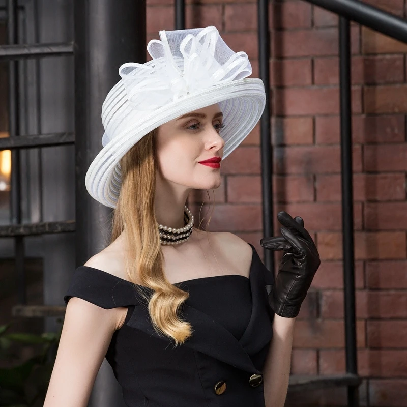Женская льняная шляпка от солнца Fedoras элегантная оригинальная белая с изгибами