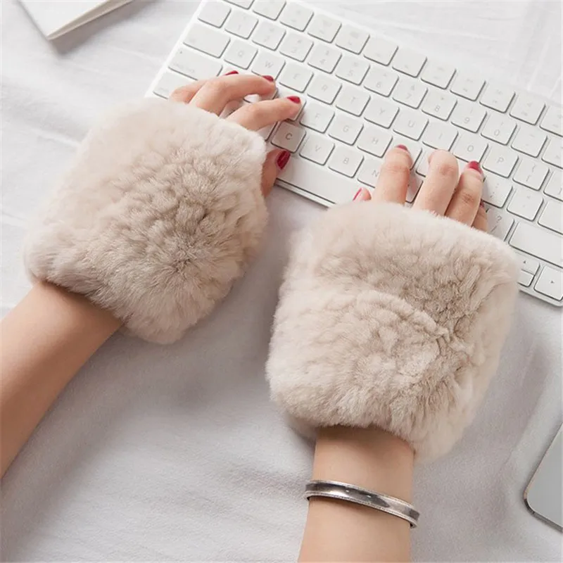 Зимние перчатки из натурального меха кролика для девочек эластичные вязаные