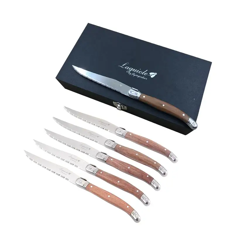 6pcs 9inch Japanese Flatware Wood Handle Knives Laguiole Style Stainless Steel Steak Knifes Dinner set Western Restaurant Supply
6pcs 9inch Japanese Flatware Wood Handle Knives Laguiole Style Stainless Steel Steak Knifes Dinner set Western Restaurant Supply