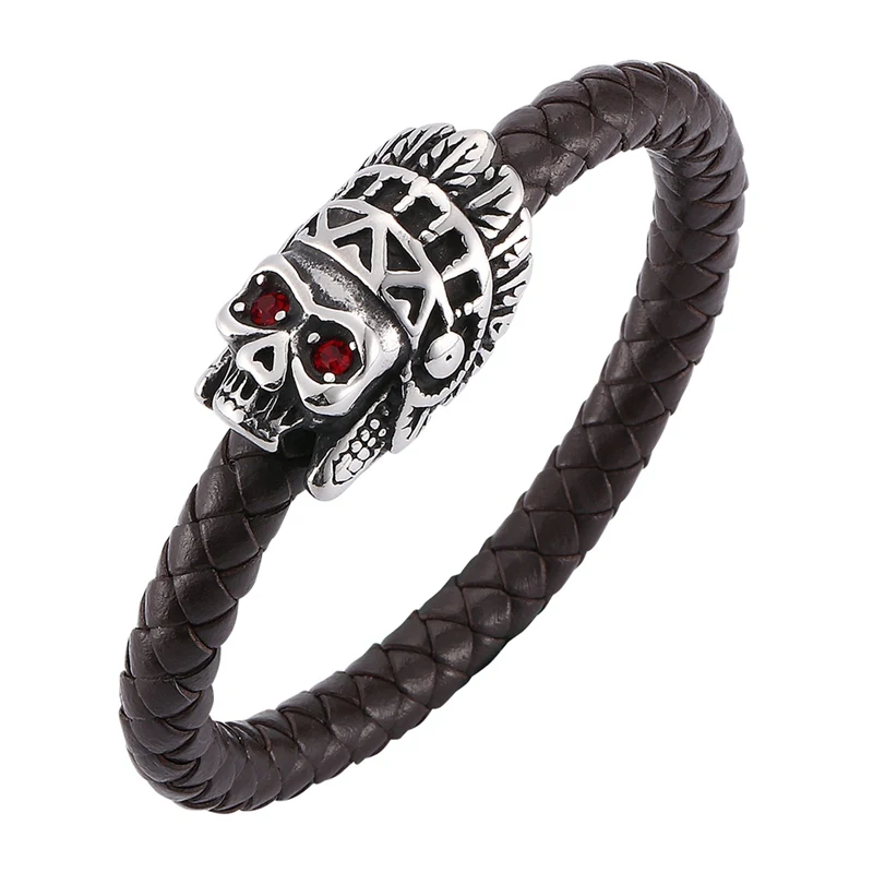 Punk Men Jewelry Stainless Steel Bracelet Skeleton Brown Leather Braided Bracelet Magnetic Clasps Cool Man Skull Bangle SP0141
Punk Men Jewelry Stainless Steel Bracelet Skeleton Brown Leather Braided Bracelet Magnetic Clasps Cool Man Skull Bangle SP0141