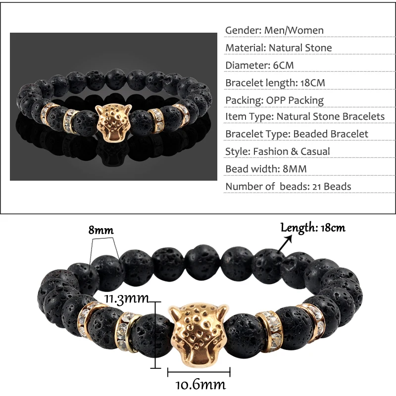 Модные мужские черные бриллиантовые браслеты из сплава с головой Пантеры Стразы